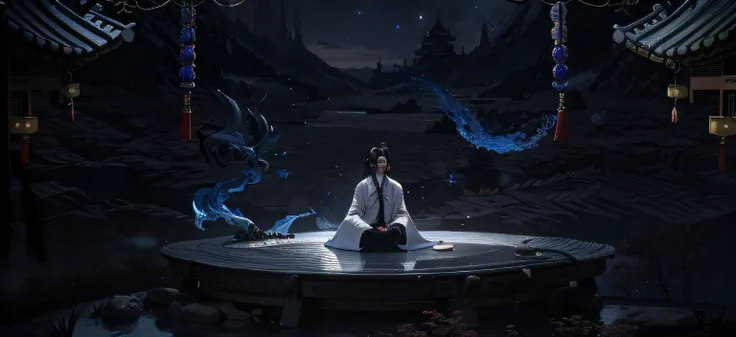 Image of Arafad on a stone platform of a man sitting in a dark room, Cai Xukun, heise jinyao, Daoism, xianxia fantasy, Taoist master, film promotional image, seated in royal ease, iu lee ji-eun as a super villain, Chinese fantasy, Inspired by Bian Shoumin,...