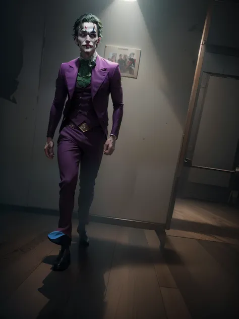 (8k, RAW photo, best quality, masterpiece:1.2), ultra detailed, official art, photo-realistic:1.37, upper body shot, DC Joker, film grain, action pose