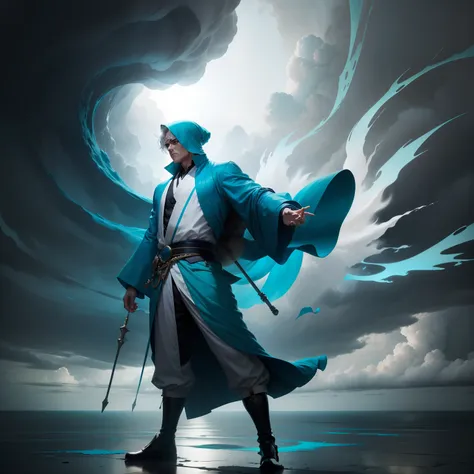 Wind characteristics，He wears a cyan robe，Stand on a hurricane，Middle age，Manipulating the wind，violent storm，male people，There is wind on hand