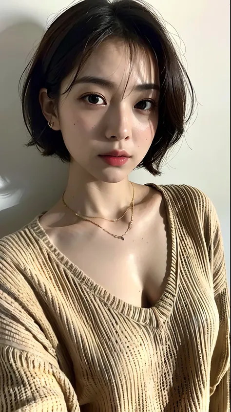 (Best quality, 8k, 32k, masterpiece, UHD: 1.2), photo beautiful japanese woman, room, very short Bob hair, upper body, facial focus, oversized_sweater, necklace, simple background, from above, looking at the viewer, big breasts