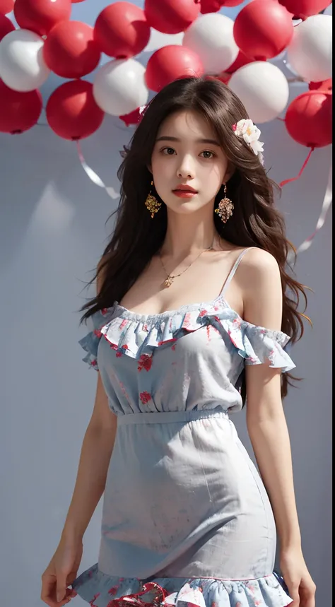 Girl, Solo, jewelry, Long hair, necklace, Earrings, Looking at the audience, Cowboy camera, cropped shoulders, Wavy hair, Bare shoulders, The whole picture is bright, The background is a white wall, Gray eyes, Lips, parted lip, Skirt, Ruffles, (Red dress :...