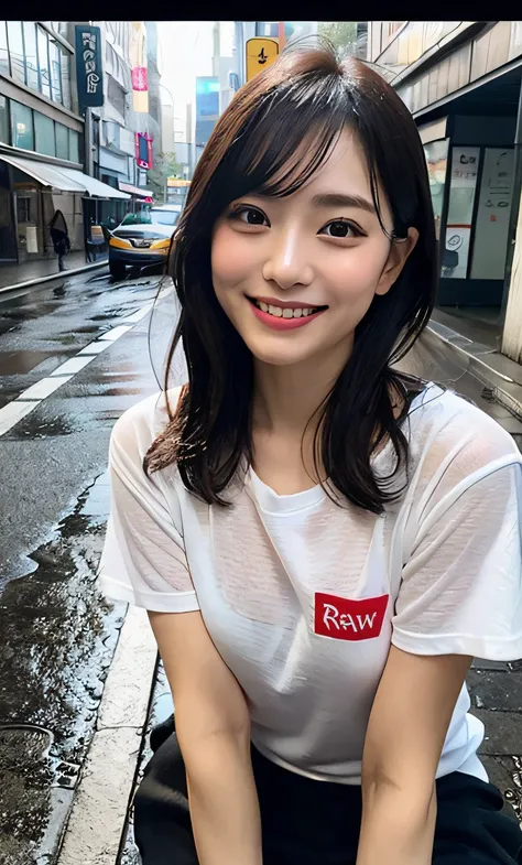 (RAW Photography:1.2)、top-quality、a beautiful detailed girl、squatting、extremely detailed eye and face、beatiful detailed eyes、huge filesize、hight resolution、8k wallpaper、finely detail、Raw photography, Beauty Japan, Drenched T-shirt in heavy rain, The t-shir...