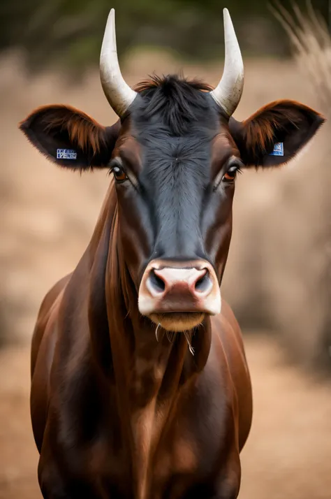 1animal,directly in front,One animal,a portrait photo of、photograph,Right in front of the cow, Front face,Cow face, taur, two large horns on the head,,Stock Photo, two pointed ears,Bullhead, large portrait, looks vicious,very big