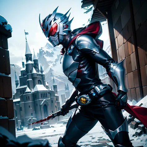 Cool Kamen Rider，Complex armor、hooding，Blue eyes sparkle coldly，In a sprint，blood splattere。Ruthless, He was on a moonlit night，The icy castle rose behind him，Reduced to ruins，Snow and ice are intertwined。Presents an anime-like style，Cinematic lighting，Pre...