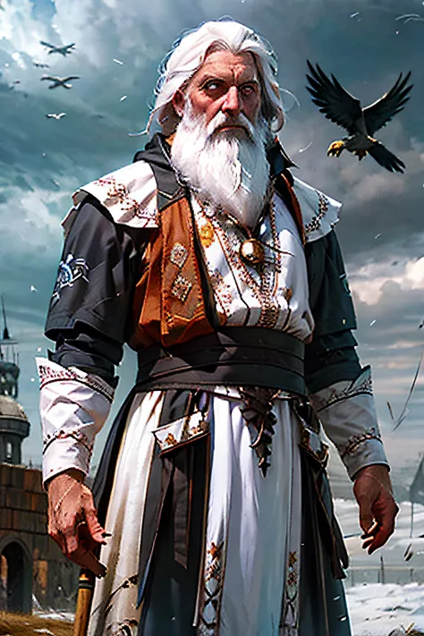 1girl, cowboy shot of old wizard, white hair, beard, white tabard, staff, crow, storm, realistic