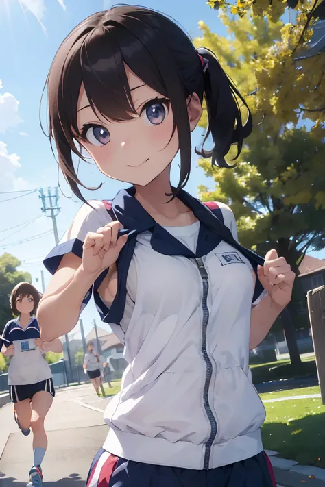 masutepiece, Best Quality, 8K_Wallpaper, (Beautiful eyes), ((Cute)), Cute, (lovely), (Park on a sunny day),1girl in,small tits,1 schoolgirl,Standing Girl,Smile,facial close-up、portlate(((Doing a marathon)))、(((Jogging)))、((Athletics uniforms))