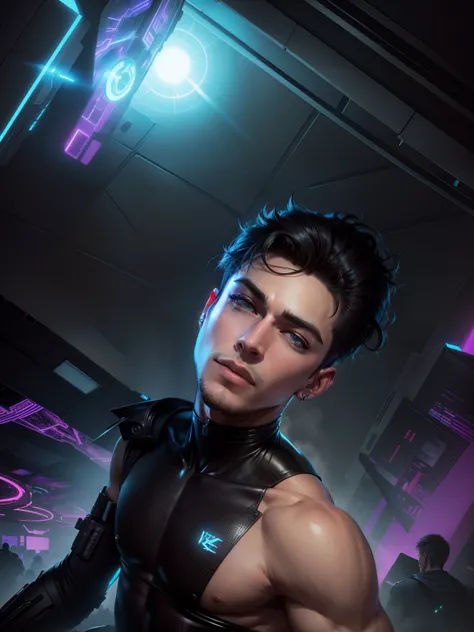 Change background cyberpunk handsome boy. Realistic face