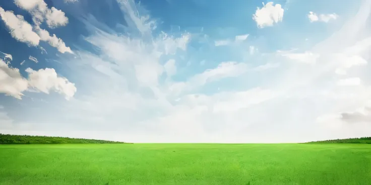 A green field，Blue sky and clouds in the background, in a large grassy green field, extensive grasslands, the sky is beautiful and clear, blue sky and green grassland, field background, background is heavenly, grassy fields, an open field, wide angle lands...