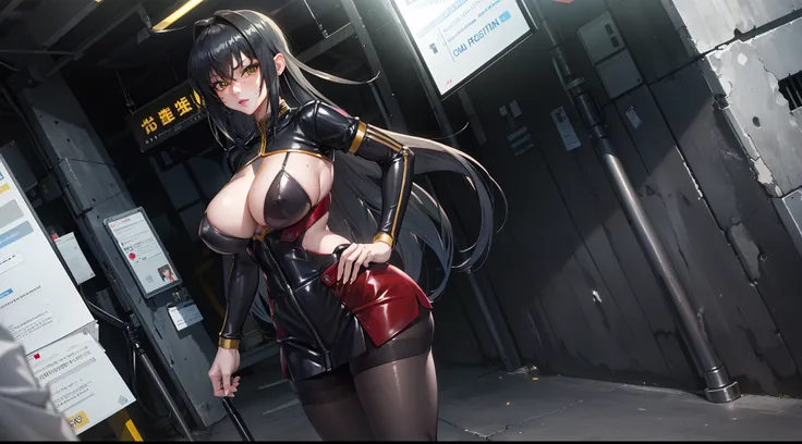 professional artwork, Intricate Details, field of view, sharp focus, detailed painting, photorealistic lighting, trending on pixiv, Standing at attention, black outfit ,yellow collared shirt,black bodysuit,skin_tight,black legwear, black pantyhose, Side_bo...