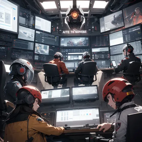 5 people arguing in a control room inside the head of a giant robot, masterpiece, arte digital