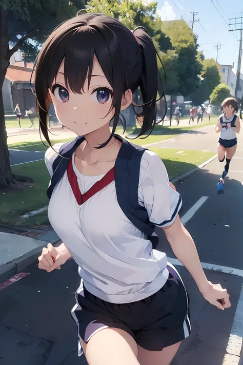 masutepiece, Best Quality, 8K_Wallpaper, (Beautiful eyes), ((Cute)), Cute, (lovely), (Park on a sunny day),1girl in,small tits,1 schoolgirl,Standing Girl,Smile,facial close-up、portlate(((Do a marathon)))、(((Jogging)))、((Athletics uniforms、half-pants))、post...