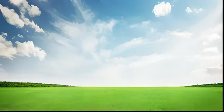 A green field，Blue sky and clouds in the background, in a large grassy green field, extensive grasslands, the sky is beautiful and clear, blue sky and green grassland, field background, background is heavenly, grassy fields, an open field, wide angle lands...