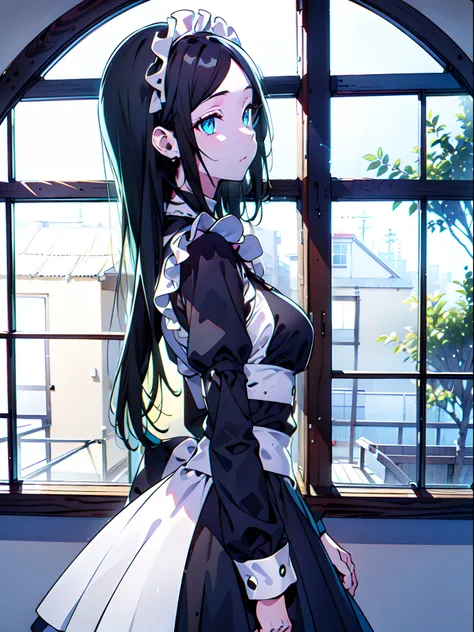 (masterpiece:1.2), (pale skin:1.2), (8k:1.2), (solo:1.2), (female:1.4), (long hair:1.1), (black hair:1.4), (maid outfit:1.3), bare shoulders, headwear, (interior:1.1), (bored:1.3), (from side:1.1), (straight hair:1.1)