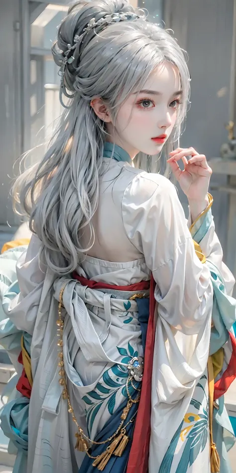 photorealistic, high resolution, soft light,1women, solo, hips up, (detailed face), silver hair, ru_qun, colorful hanfu tattoo, jewelry