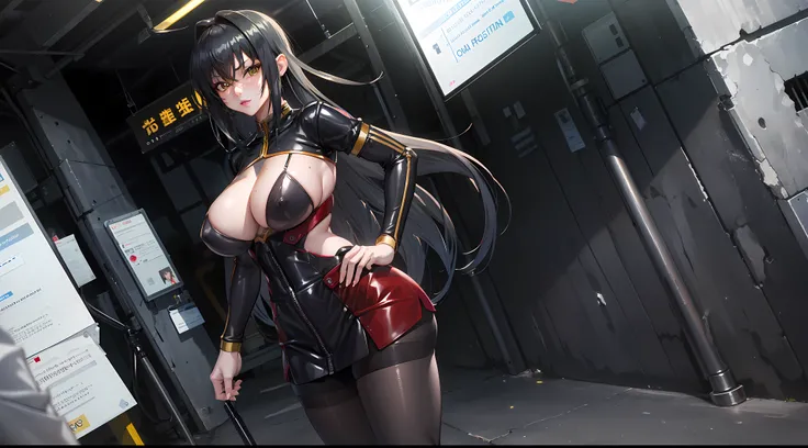 professional artwork, Intricate Details, field of view, sharp focus, detailed painting, photorealistic lighting, trending on pixiv, Standing at attention, black outfit ,yellow collared shirt,black bodysuit,skin_tight,black legwear, black pantyhose, Side_bo...