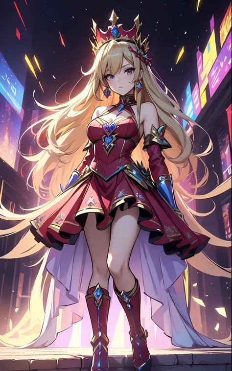 best qualityer，tmasterpiece，Ultimate resolution，downy，Extremely colorful，Colorful，palace background，a queen，Royal Sister，short red dress，huge tit，hair-bun，crown of head，（Long blonde hair），sceptre，a matural female，（High-heeled boots），Normal posture