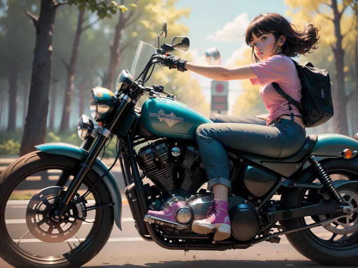 Beautiful lofi girl riding a massive black Harley Davidson motorcycle, side view, complete view of motorcycle and riding buddies like swiper, long shot, forest and country background, looking a little like Dora the explorer, bombing down the highway, weari...