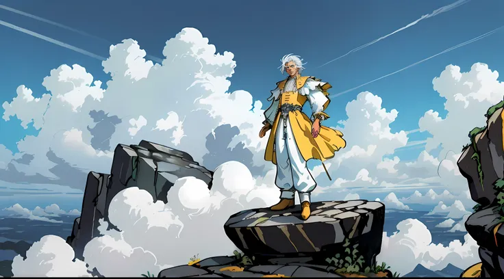 dutch angle, A young man with white hair and blue eyes with very old dresses and wearing pants stand alone on top of the rock and looking to clouds,  In ancient times,  yellow old dresses