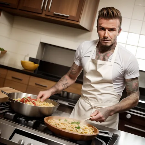 David Beckham, cooking dinner, pasta, kitchen , apron , pov, (RAW photo, best quality), (realistic, not photo-realistic:1.3),best quality,highly detailed,masterpiece,ultra-detailed