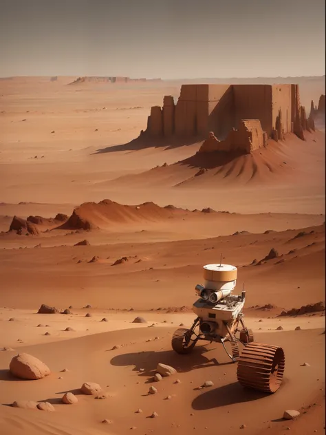 arafed view of a mars rover on a barren surface, mars rover in background, on the orange surface of mars, on the surface of mars, mars vacation photo, standing on a martian landscape ruins, overlooking martian landscape, sitting on a martian rock, abandone...