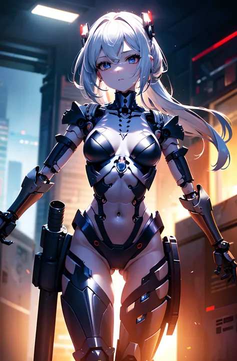 (bare chest and navel), robot, masterpiece face, masterpiece eyes, (feminine machine body), (machine joints, Mechanical skelton and Artificial muscle:1.3), mechanical skin, machine flanks, (Machine internal structure exposure:1.2), (red long hair), (mechan...