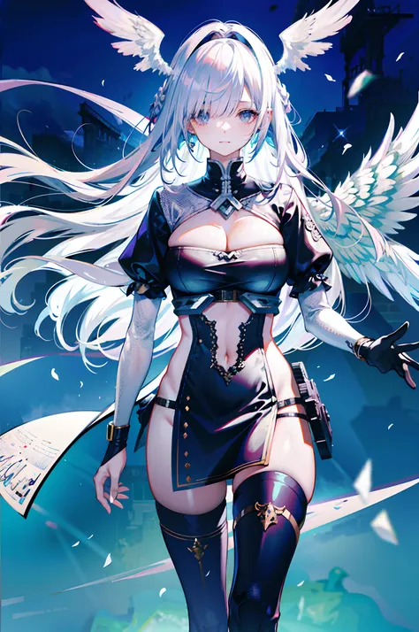 silber hair，long whitr hair，8k wallpaper，detailedbackground，Highest high resolution，deep v big breasts，Hair covers one eye，Bandeau，chies，angelicales，tight-fitting，stocklings，feater，Wings，Skysky，borgar，