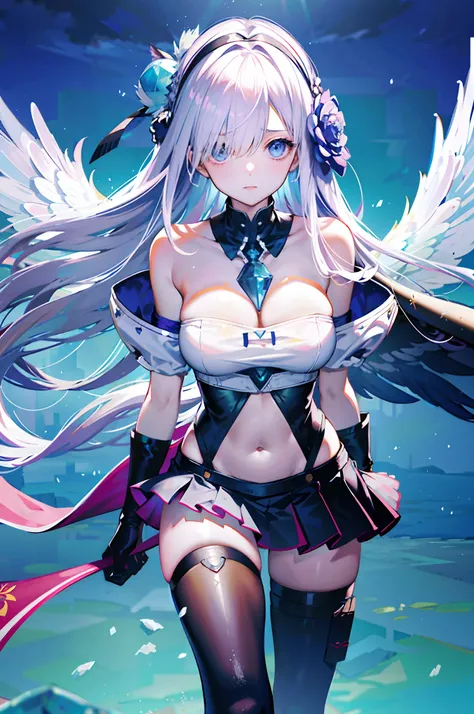 silber hair，long whitr hair，8k wallpaper，detailedbackground，Highest high resolution，deep v big breasts，Hair covers one eye，Bandeau，chies，angelicales，tight-fitting，stocklings，feater，Wings，Skysky，borgar，