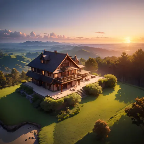 (Landscape with view from above with extremely detailed sunset house, 8k, best quality, master part:1.2), vision of --auto