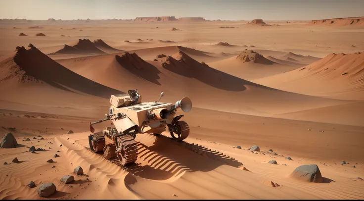 arafed view of a mars rover on a barren surface, mars rover in background, on the orange surface of mars, on the surface of mars, mars vacation photo, standing on a martian landscape ruins, overlooking martian landscape, sitting on a martian rock, abandone...