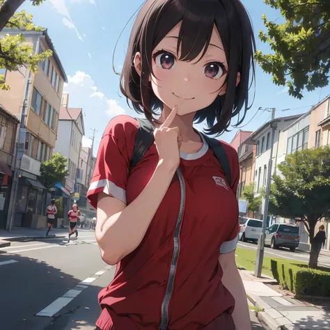 masutepiece, Best Quality, 8K_Wallpaper, (Beautiful eyes), ((Cute)), Cute, (lovely), (Park on a sunny day),1girl in,small tits,1 schoolgirl,Standing Girl,Smile,facial close-up、portlate(((Do a marathon)))、(((Jogging)))、((Red jersey))、