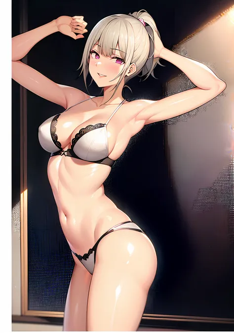 ((((masterpiece, best quality, high resolution)))), 1girl, white hair, purple eyes, short wavy hair, average breasts, blush, light smile, parted lips, glow, thighs, bare shoulders, collarbone, narrow waist, cleavage, (beautiful detailed face, beautiful det...