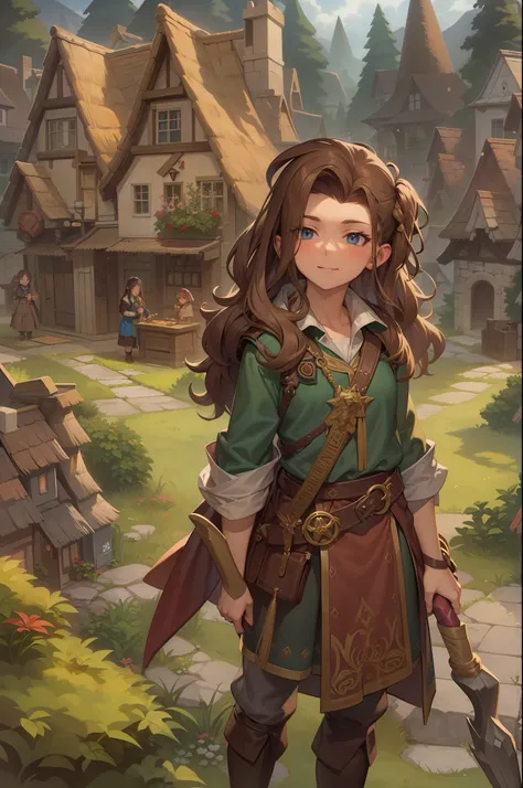 female halfling village mayor with long wavy brown hair, holding a wizard staff, in front of a village forest