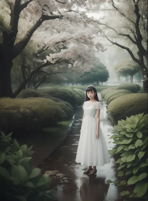 Scene: A serene and enchanting cityscape in the midst of a gentle drizzle, as nature awakens with vibrant hues and delicate green sprouts emerge from tree branches. A young girl, gracefully adorned in an exquisite flowing dress, stands prominently in the f...