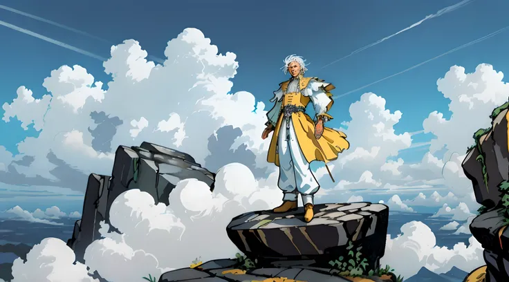 dutch angle, A young man with white hair and blue eyes with very old dresses and wearing pants stand alone on top of the rock and looking to clouds,  In ancient times,  yellow old dresses