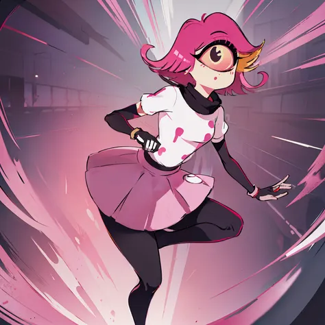 niffty, 1girl,
(originaloutfit), (white shirt, pink skirt, gloves, black tights), cyclops, ai's pose