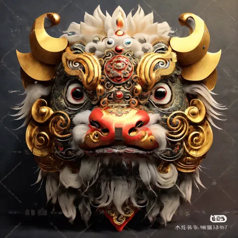 awakening lion style，close-up of mask with bull's big head，detailed digital 3d art，asura from chinese myth，bison god，animal-styl...