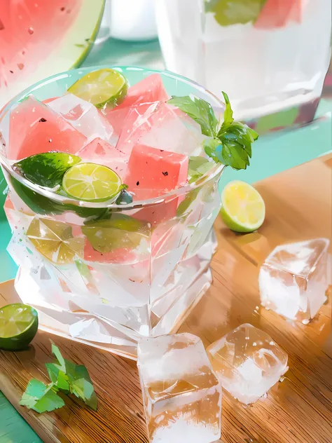 A glass of soda, frozen, frozen effect, on a wooden tray with pieces of watermelon, with mint leaves, cut small turquoise greens, with ice cubes, a few scattered ice cubes on a wooden board, super realistic Food pictures, full theme shown in photos,, Randy...