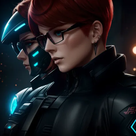 Redhead glasses jacket Future hologram tattoo dead space suit short hair beautiful female earrings motorcycle black clothing