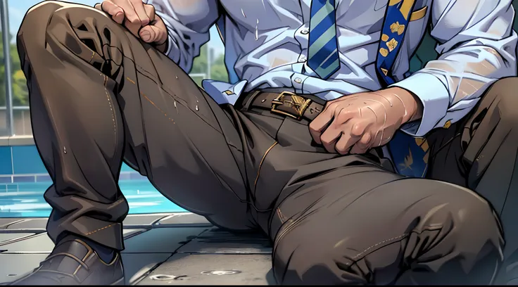 （1 Adult male），A high resolution， Sharp focus， Pixiv masterpiece， （（Complicated details））， highly  detailed， natsuki_subaru， 1 man，perfect male figure，Urine on the trouser leg， Nervously bow your head，is shy，embarressed，exhilarated，is shocked，panicking，wor...