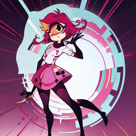 niffty, 1girl,
(originaloutfit), (white shirt, pink skirt, gloves, black tights), cyclops, ai's pose