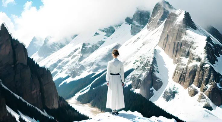 There was a woman standing on the top of a mountain looking at the mountain。。,mountain scene. cinematic Film still from, Stand in front of Mt, Still from LEstate, girl standing on mountain, looking at the mountains,  cinematic Film still from, a still of a...