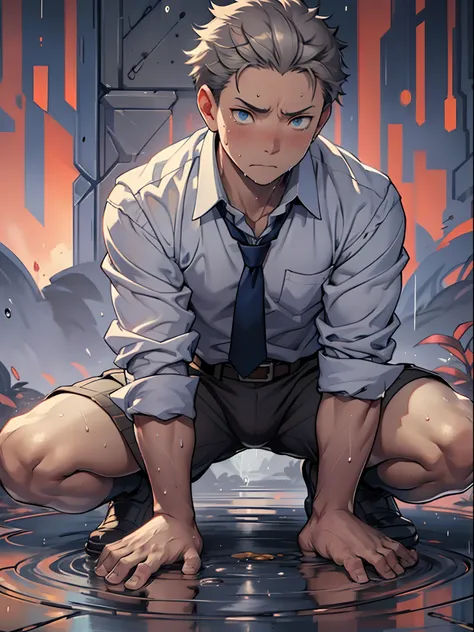 （1 Adult male），A high resolution， Sharp focus， Pixiv masterpiece， （（Complicated details））， highly  detailed， natsuki_subaru， 1 man，Defeat， crestfallen，full bodyesbian，kneels on the ground， Sweaty crotch，Pee on the legs，pissing，Urine runs down the thighs，em...