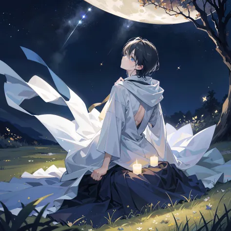 Stars shimmering, moon glowing, dark sky illuminated,Surrounded by nature, open field, away from city lights,Under the starry sky, boy, gazing at the stars,Look in the air,a view of his back,Sit on the ground.