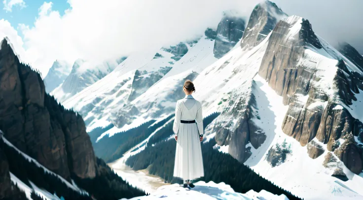 There was a woman standing on the top of a mountain looking at the mountain。。,mountain scene. cinematic Film still from, Stand in front of Mt, Still from LEstate, girl standing on mountain, looking at the mountains,  cinematic Film still from, a still of a...