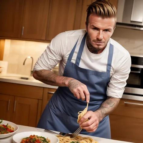 When David Beckham in 22 years old , cooking dinner, pasta, kitchen ,wearing apron , no clothe inside the apron,pov, (RAW photo, best quality), (realistic, not photo-realistic:1.3),best quality,highly detailed,masterpiece,ultra-detailed