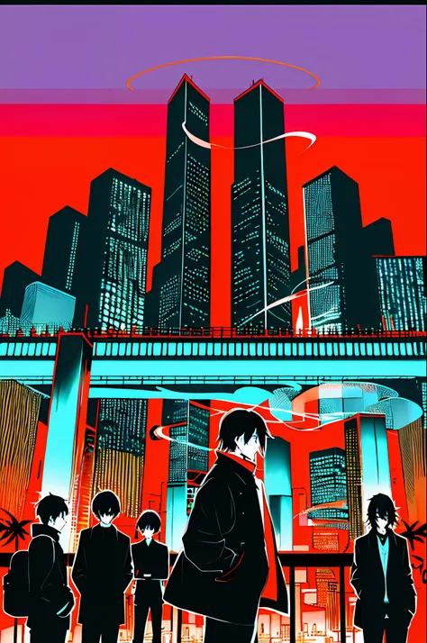 Masterpiece, Best quality, Flat color, limited palette, Low contrast, (清晰的线条), 1boys, black color hair, Beautiful detailed face,Halo, Look away from the backpack, Naked boy standing. Smoke, Night sky, City, Sunset, skyscrapper, bridge, road signs, Depth of...