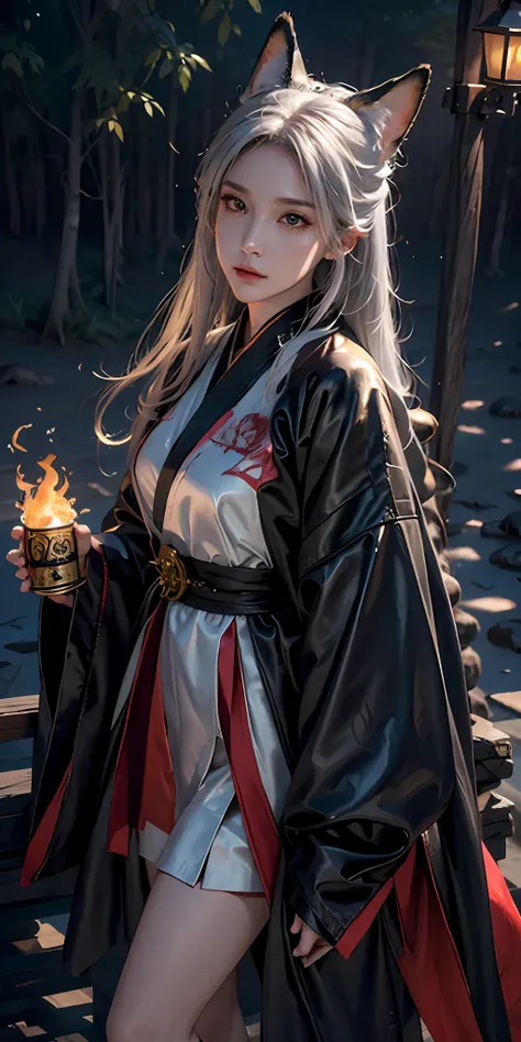 1girl,solo, official art, unity 8k wallpaper, ultra detailed, beautiful and aesthetic, beautiful, masterpiece, best quality, Kitsune witch, fox mask, haori jacket, foxfire spell, fox familiar, transformation,depth of field,