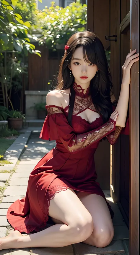 delicated face，Teasing expressions，Attractive action lace red tang dress silk，，NSFW，（（best qualtiy，8K，tmasterpiece：1.3））），Clear focus：1.2，（layer cut，The large：1.2），Beautiful Women in Perfect Figure：1.4，Loli body type，Petite and cute：1.2，Moist body：1.5，High...