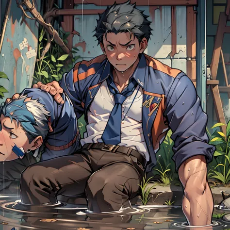 （1 Adult male），A high resolution， Sharp focus， Pixiv masterpiece， （（Complicated details））， highly  detailed， natsuki_subaru， 1 man，Lying in the mud， Nervous，full bodyesbian， Golden eyes（eyes glowing）， Short blue hair，white  shirt，Wear a tie，Wear a belt，per...