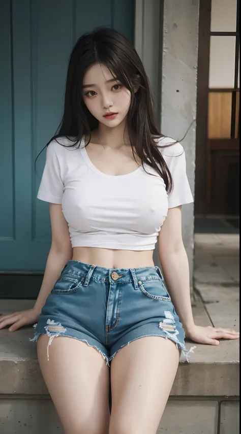 Asian woman by the sea，sexy for，Lightweight denim shorts，shorter pants，Skinny T-shirt，2 2 years old，thicc，She was about 26 years old，Height 170 cm，korean people，Delicate face，realisticlying，goddes，very Bigger breasts